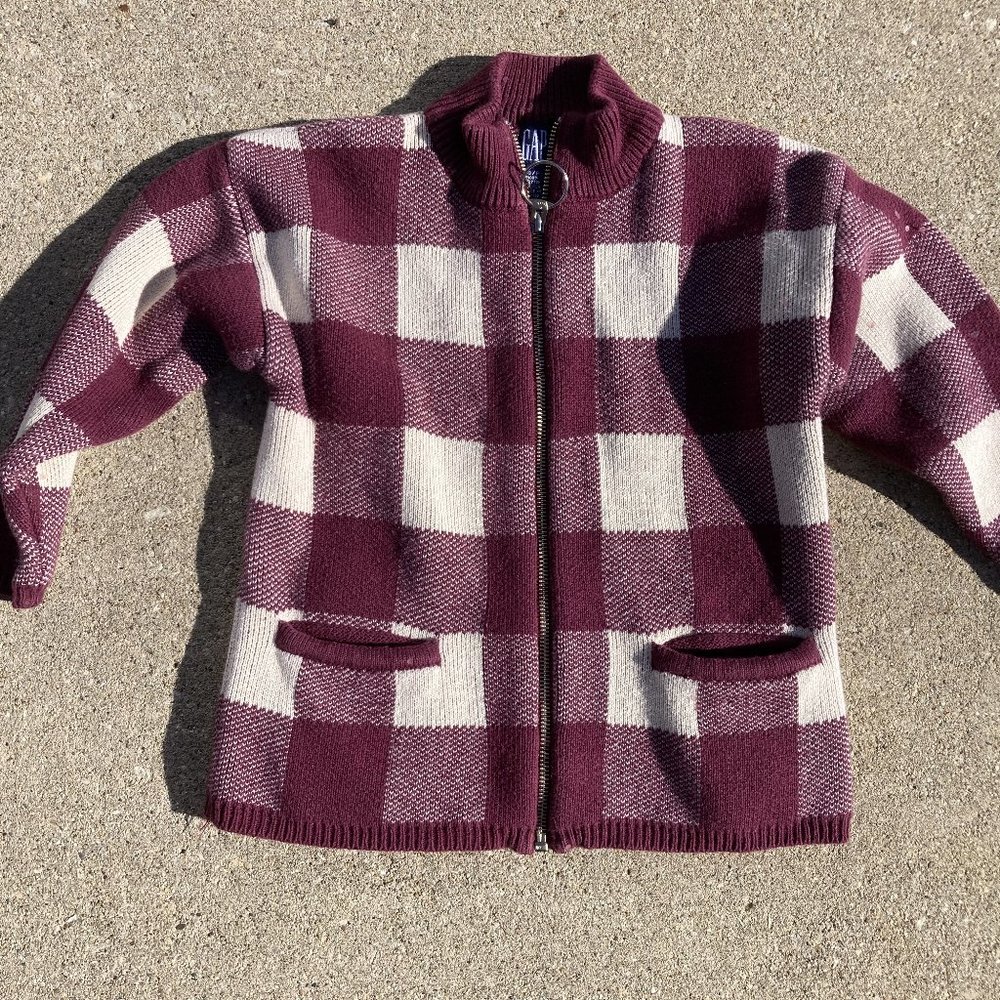 Kids Gap 100% Cotton zip up sweater cardigan maroon and white size S